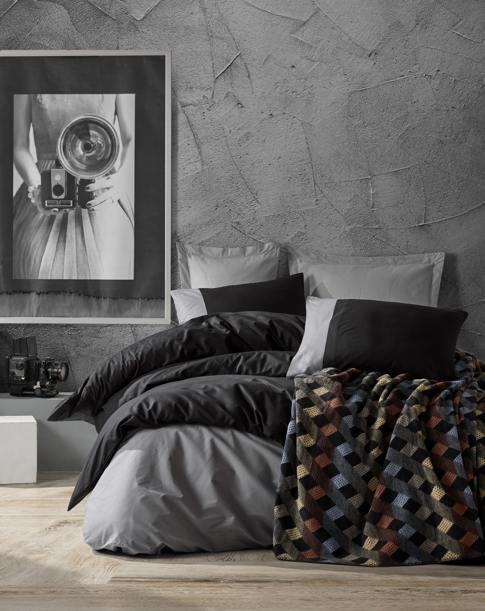 Plain Line 2-persoons dekbedovertrekset 200x220cm katoen renforcé met deken even zwart/grijs